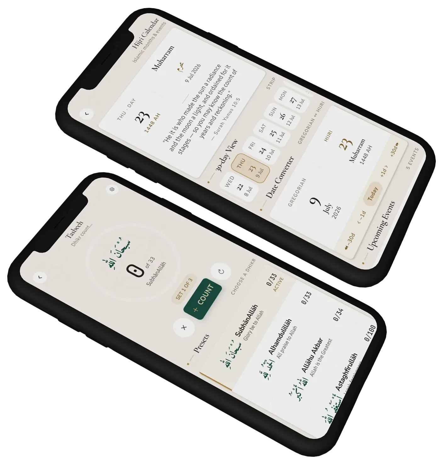 Deenah Tasbeeh counter and Hijri calendar screens