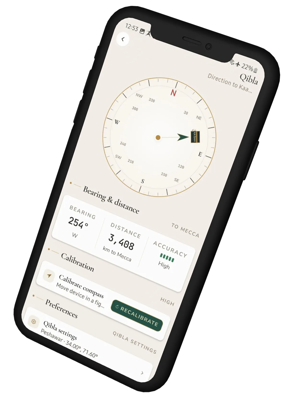 Deenah Qibla compass showing bearing and distance to Makkah
