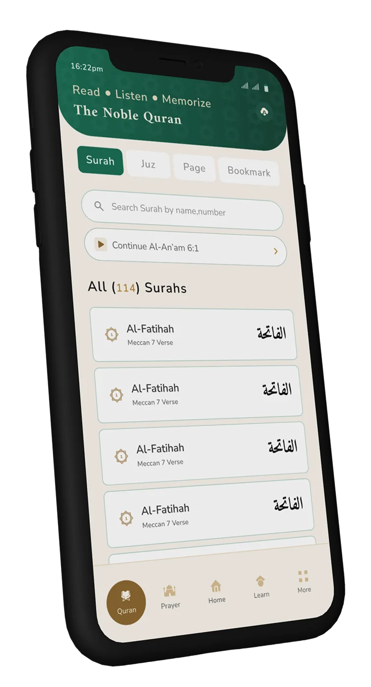 The Noble Quran — surah list with read, listen, and memorize tabs