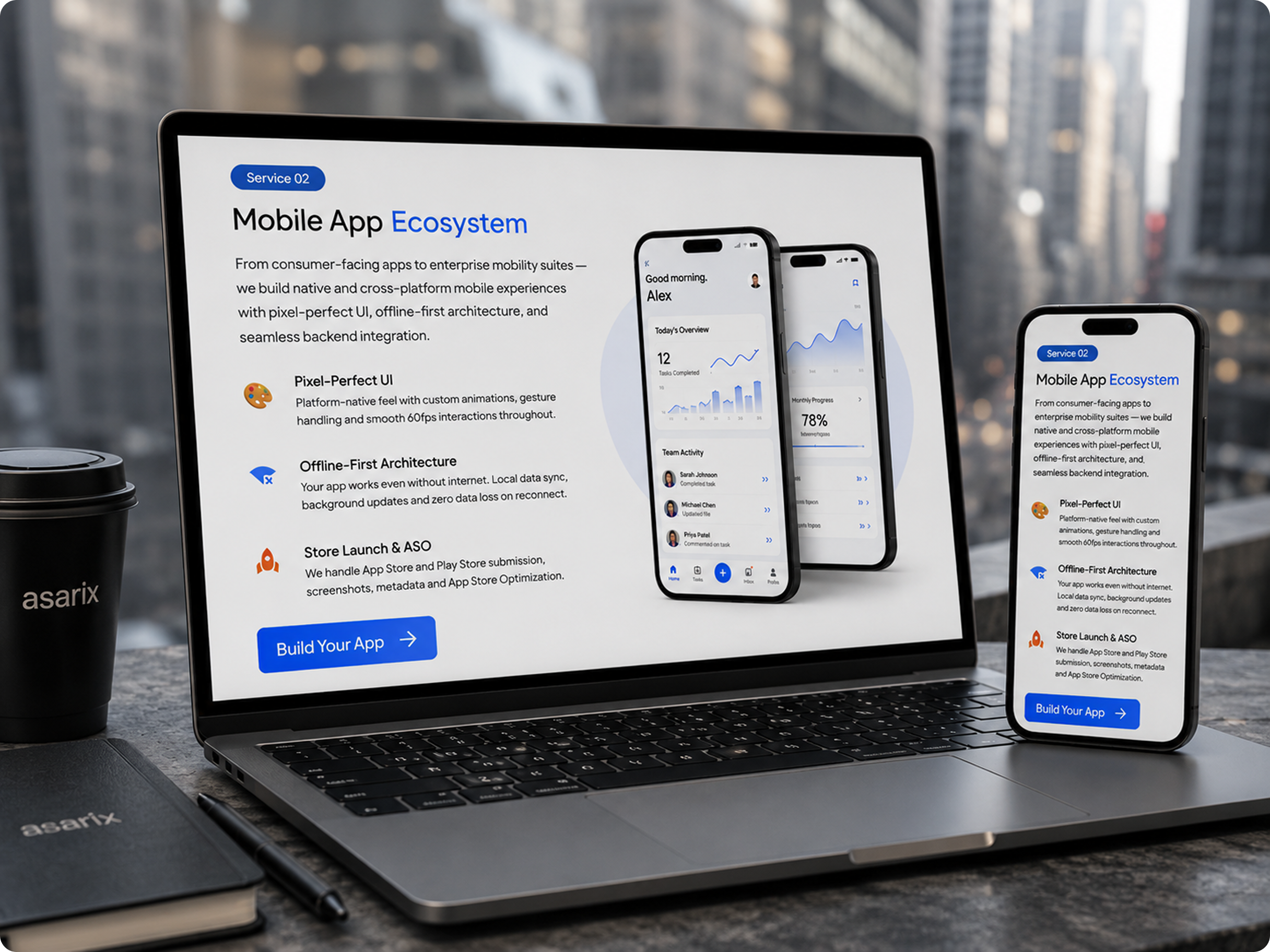 Three smartphones showing a mobile app with onboarding and dashboard screens