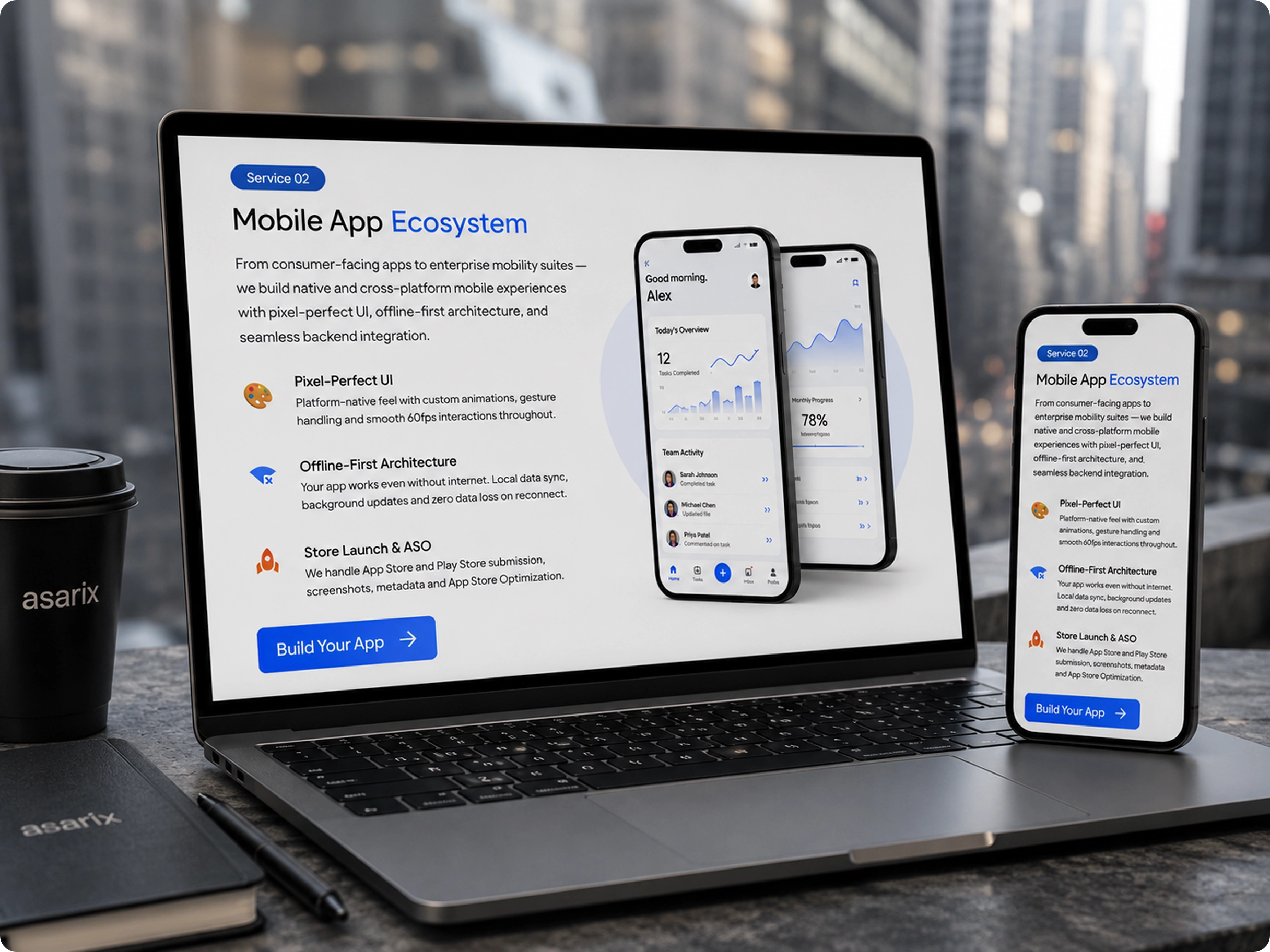 Three smartphones showing a mobile app with onboarding and dashboard screens
