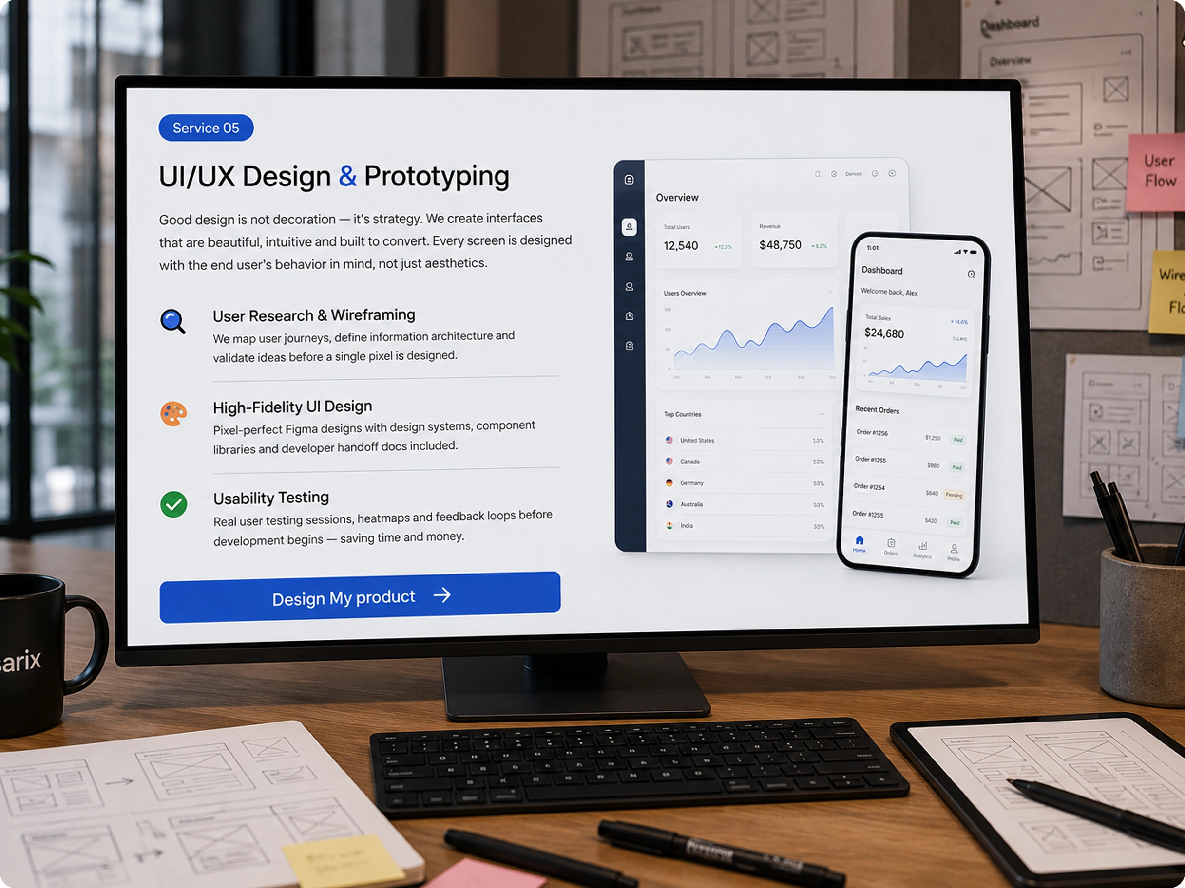 Monitor displaying a UI/UX design canvas with wireframes
